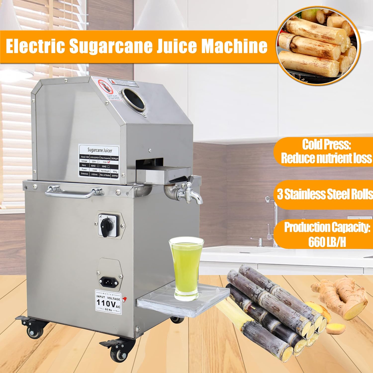 TECHTONGDA 110V Electric Sugar Cane Press Juicer Machine, 3 Rolls Stainless Steel Sugarcane Grinder Cold Press, with Cleaning Port and Casters, 660 lbs/h