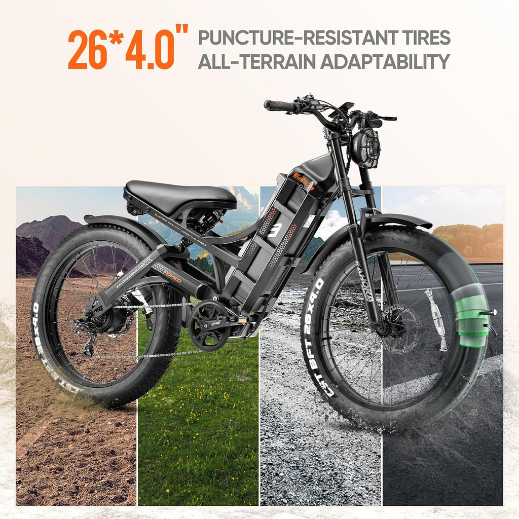 eAhora 2026 Romeo Pro 3 5600W 50Mph High-Torque Ebike, 60V 80Ah 250-Mile Long Range Electric Bike for Adults, Adjustable Air Suspension, 26'' Puncture-Proof Tire, UL 2849 Certified by TÜV
