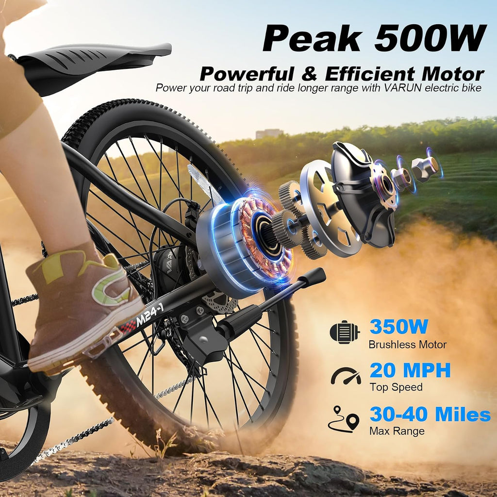 VARUN Electric Bike - 500W Peak Motor, 24/26' All-Terrain E-Bike, Up to 40 Miles & 20 MPH, Removable Battery, 7-Speed, Front Suspension, Dual Disc Brakes, with Free Accessory Pack