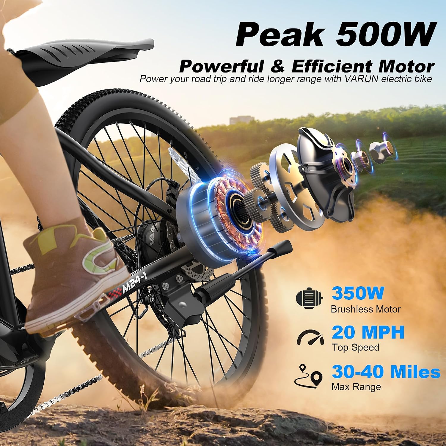 VARUN Electric Bike - 500W Peak Motor, 24/26' All-Terrain E-Bike, Up to 40 Miles & 20 MPH, Removable Battery, 7-Speed, Front Suspension, Dual Disc Brakes, with Free Accessory Pack
