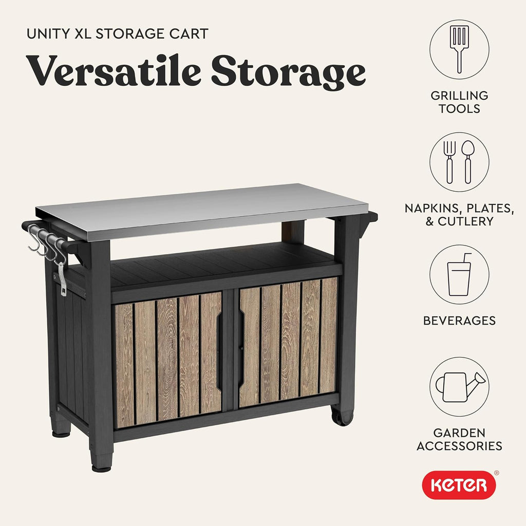 Keter Unity XL Outdoor Entertainment Cart with Wood‑Look Finish, 78‑Gallon Patio Storage Cabinet, Food Prep Station, Stainless‑Steel Top for BBQ, Grill, Patio, Deck & Backyard, Ashwood