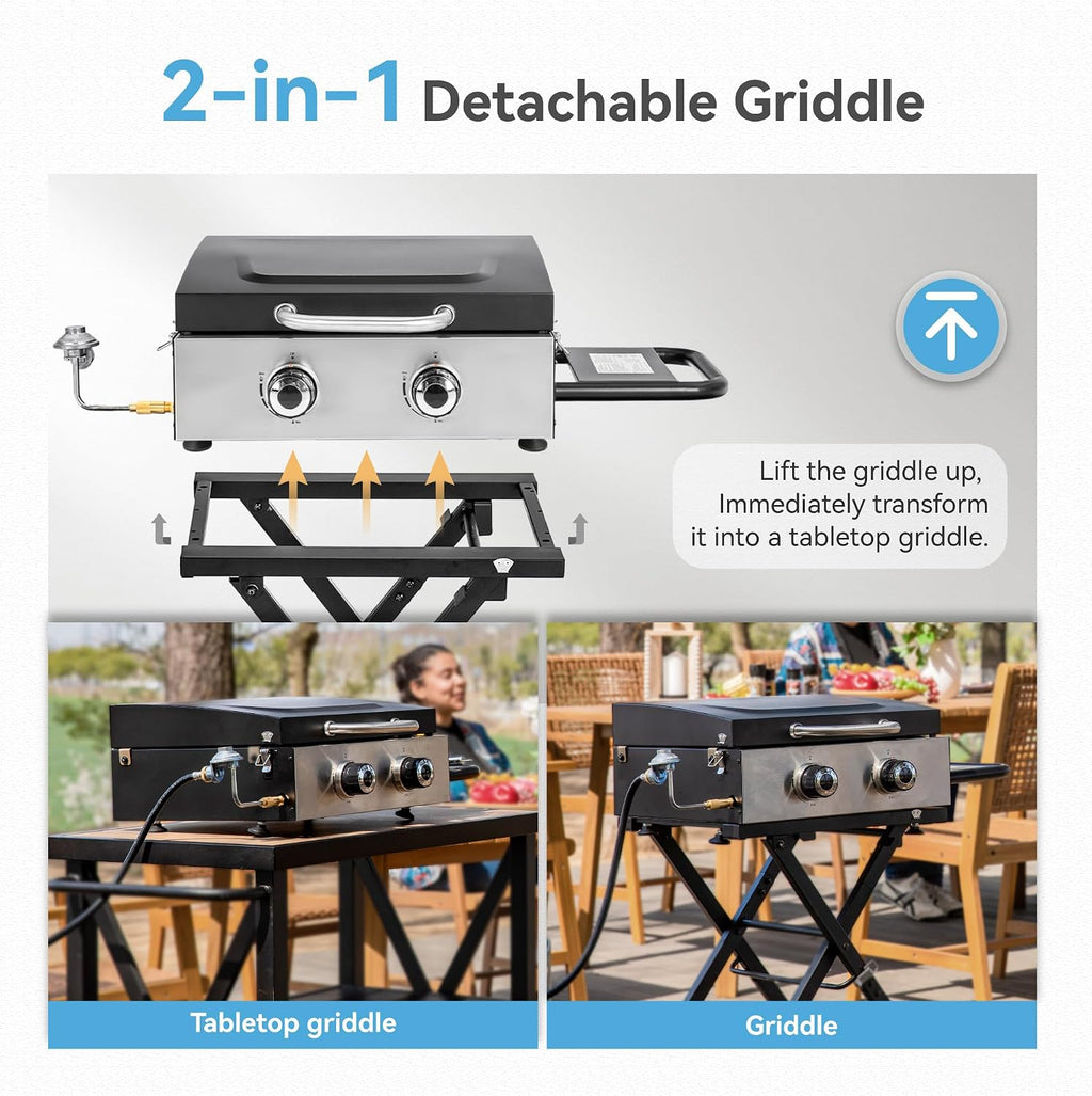 GREEN PARTY 2 Burner BBQ Propane Gas Griddle with Collapsible Stand, 18 Inch Portable Griddle with Side Table & 253 Sq. In. Cooking Area, Flat Top Gas Grill for Outdoor Cooking Garden Patio Backyard