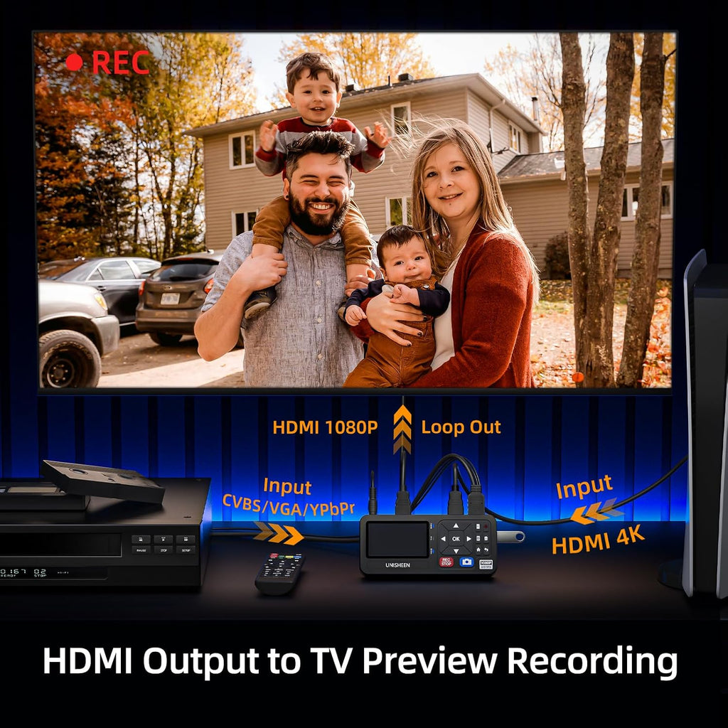 4K Capture Box-1080P 60FPS Video to Digital Converter 4K HDMI/CVBS/VGA/YPBPR Inputs Video Recorder Capture from VCR, DVD, VHS Tapes, Hi8, Camcorders, Gaming Systems