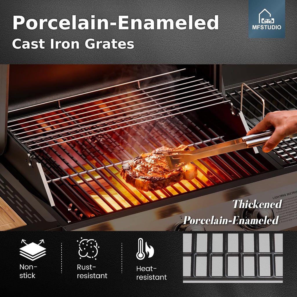 MFSTUDIO Gas and Charcoal Grill Combo with Side Smoker, Heavy Duty Dual Fuel BBQ Grill with Porcelain-Enamel Grates, Perfect for Outdoor Grilling, 840 SQIN Cooking Area