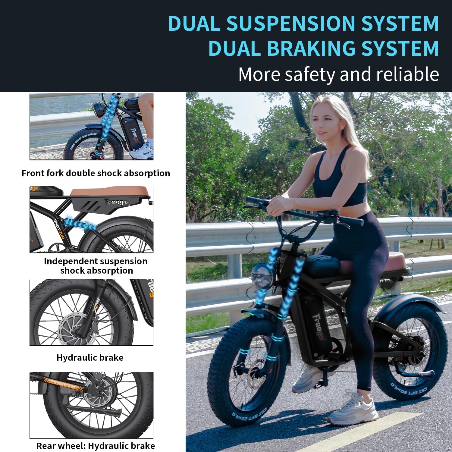 Freego Electric Motorcycle Bike for Adults, Dual Motor & Dual Battery, 2000W/48V/55Ah, 20'x4.0' Fat Tires Off Road Electric Dirt Bike Bicycle,34MPH & 103 Miles EBike UL 2849 Certified