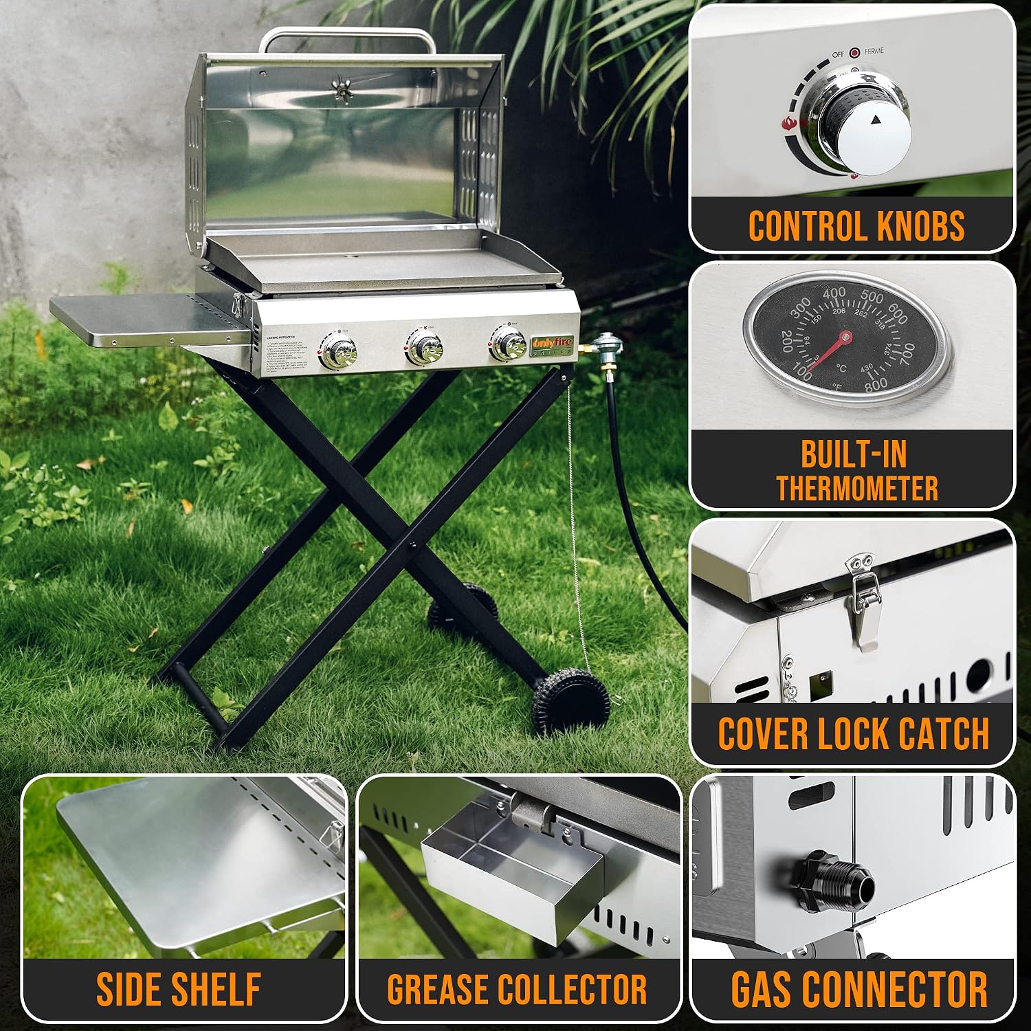 ONLYFIRE GRILLS Portable Propane Gas Griddle 3-Burner with Foldable Cart & Side Table, Flat Top Gas Grill Griddle Stove with Lid, for Outdoor Cooking Patio Backyard Camping RV Tailgating Beach, GS310