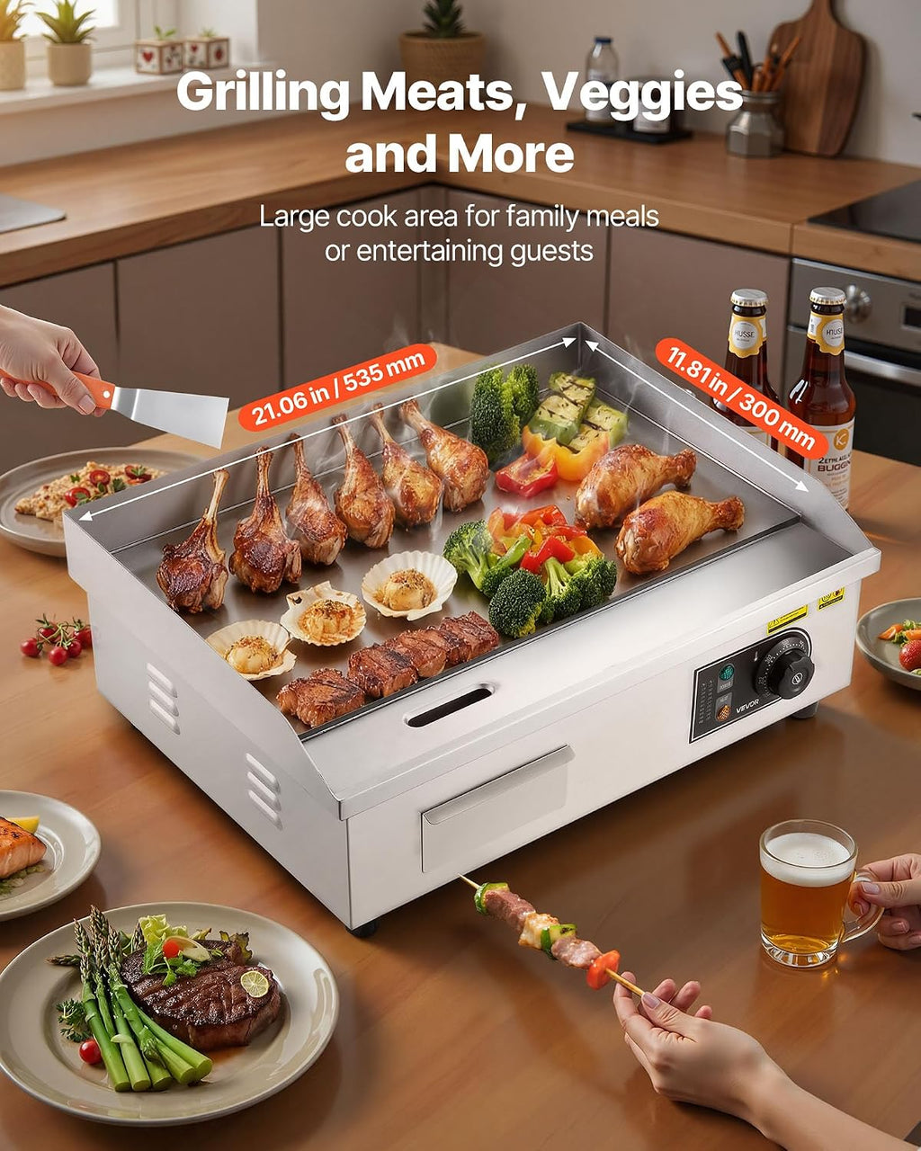 VEVOR Commercial Electric Griddle, 21 x 11.8 inch, 1750W, 122-570°F Adjustable Temp Control, Stainless Steel Countertop Flat Top Grill with 2 Spatulas, 2 Brushes and 4 Foot Pads, for Steak, Pancake