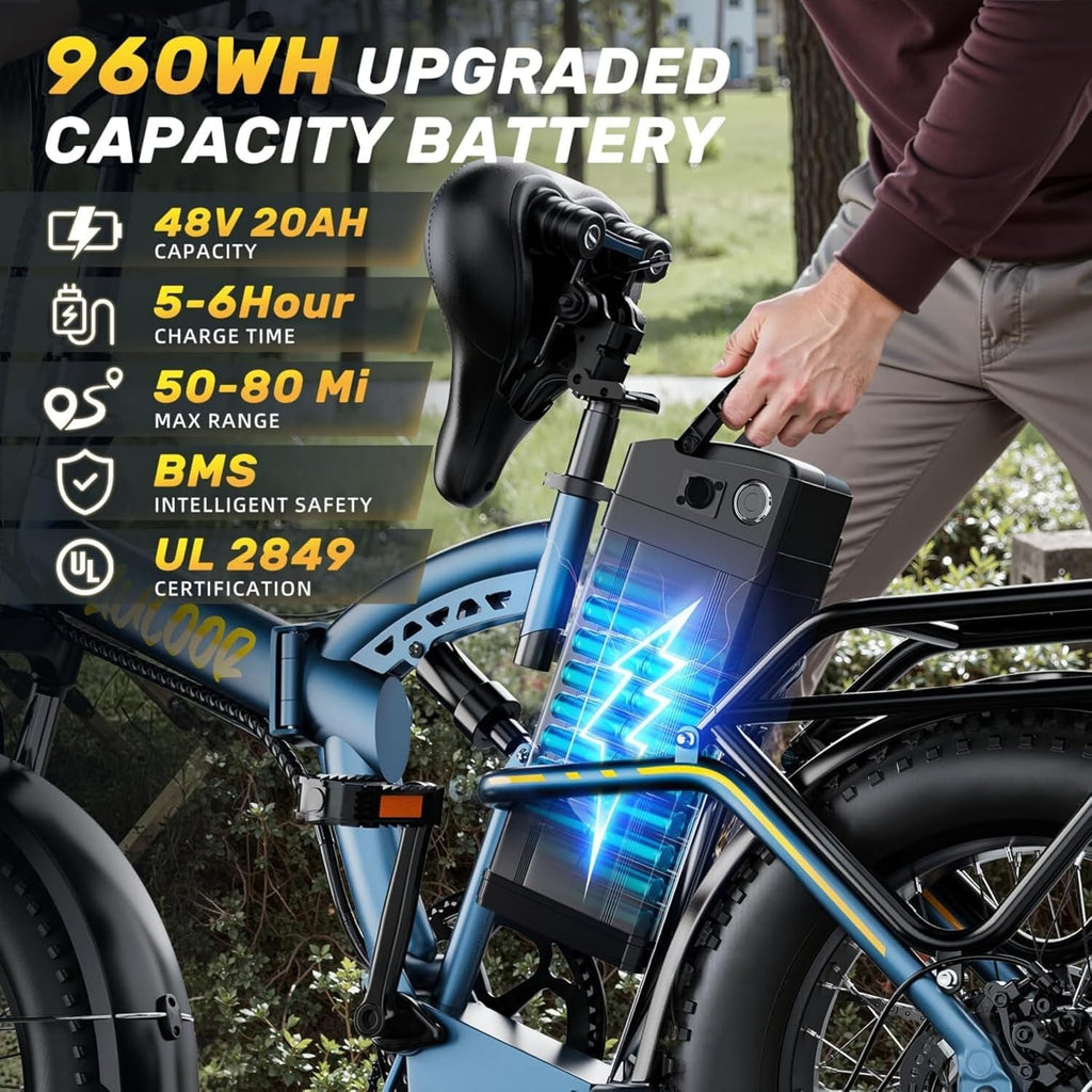 bluebiko 1000W Folding Electric Bike, 48V 20AH Large Removable Battery E Bike, 80 Miles Max Range, 20' Fat Tire Electric Bike for Adults, Adult Electric Bicycles for Commute Beach Snow