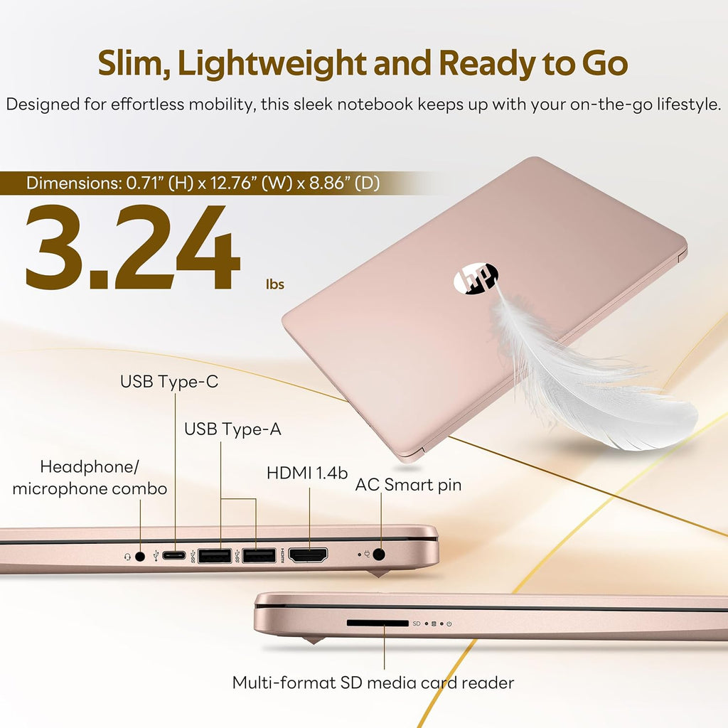 HP Flagship 14' HD Student&Business Laptop with AI Copilot, 13th Gen Intel 4-Core, 4GB RAM, 256GB Storage (128GB UFS + 128GB Docking Station), 1 Year Office 365, 720p Webcam, Win 11, Pale Rose Gold