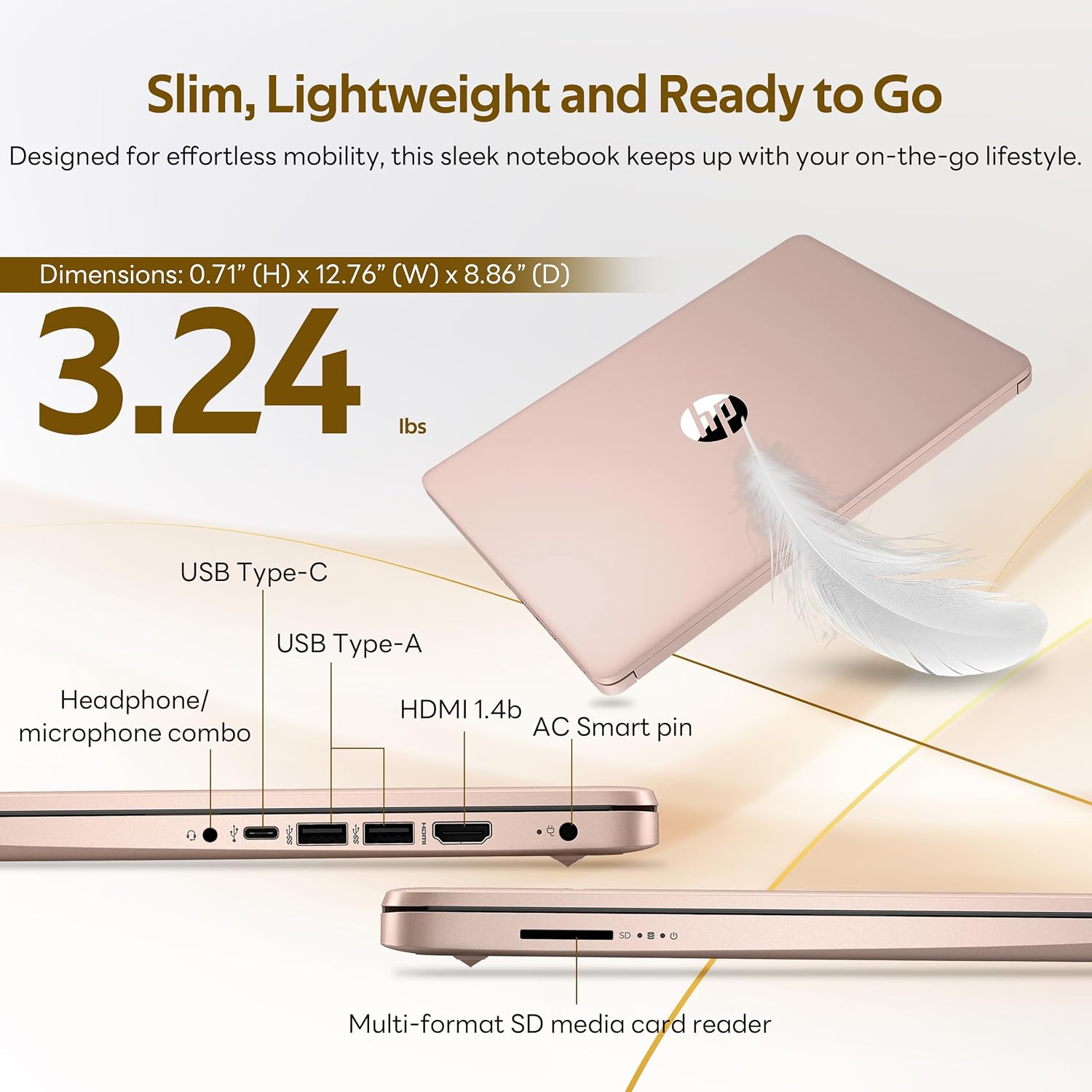 HP Flagship 14' HD Student&Business Laptop with AI Copilot, 13th Gen Intel 4-Core, 4GB RAM, 256GB Storage (128GB UFS + 128GB Docking Station), 1 Year Office 365, 720p Webcam, Win 11, Pale Rose Gold