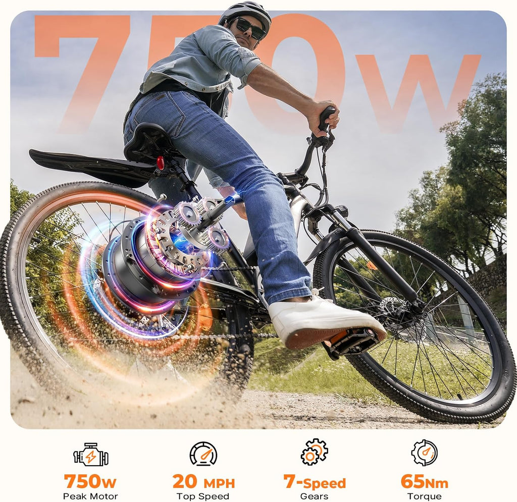 Electric Bike, 1000W Peak Powerful Motor, 65+ Miles Range & 20MPH Top Speed, 26'' Tires E-Bike, Adjustable Seat, Shock Absorber, Commuting Electric Bike for Adults