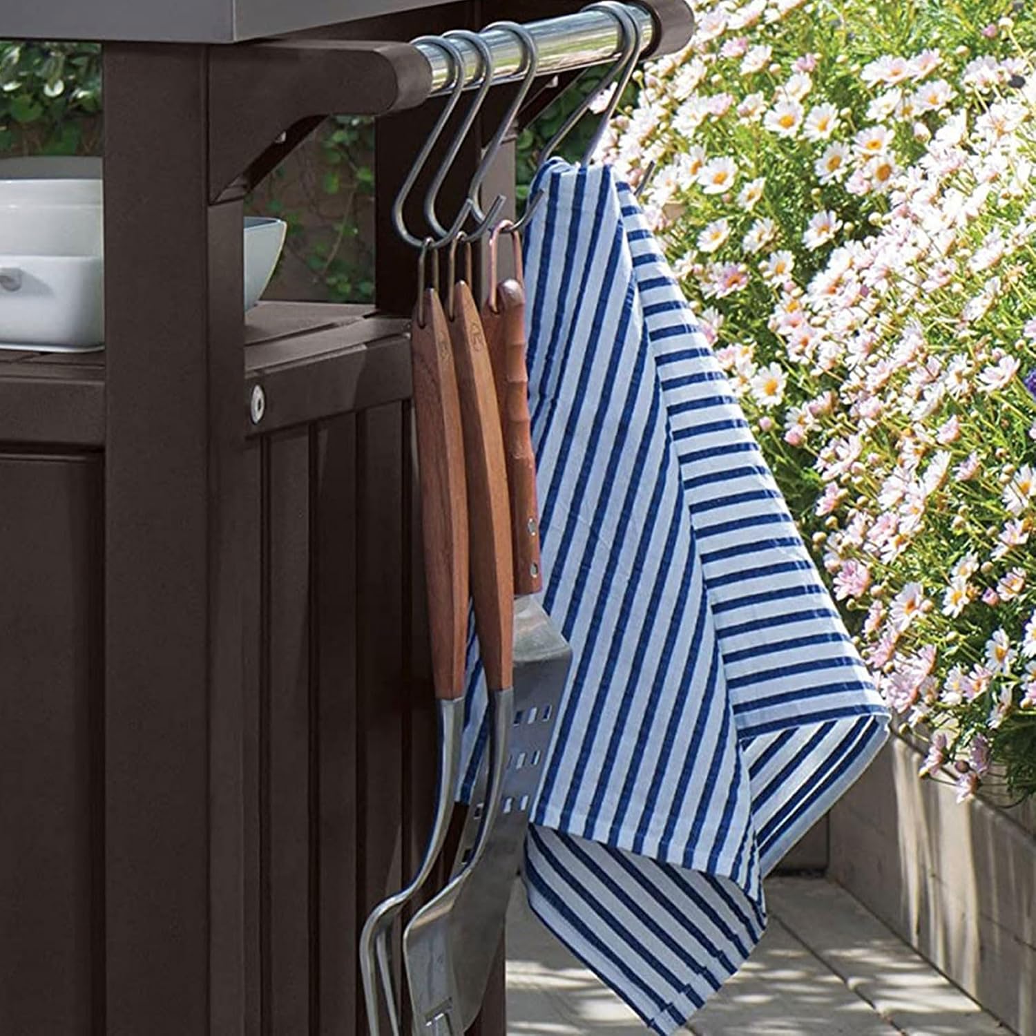 Keter Outdoor Grill Prep Table & Serving Cart, Stainless Steel Top, Unity, 40 Gal, Brown - Portable Bar Table and Cooking Accessory for Pool, Patio, Lawn, and Backyard