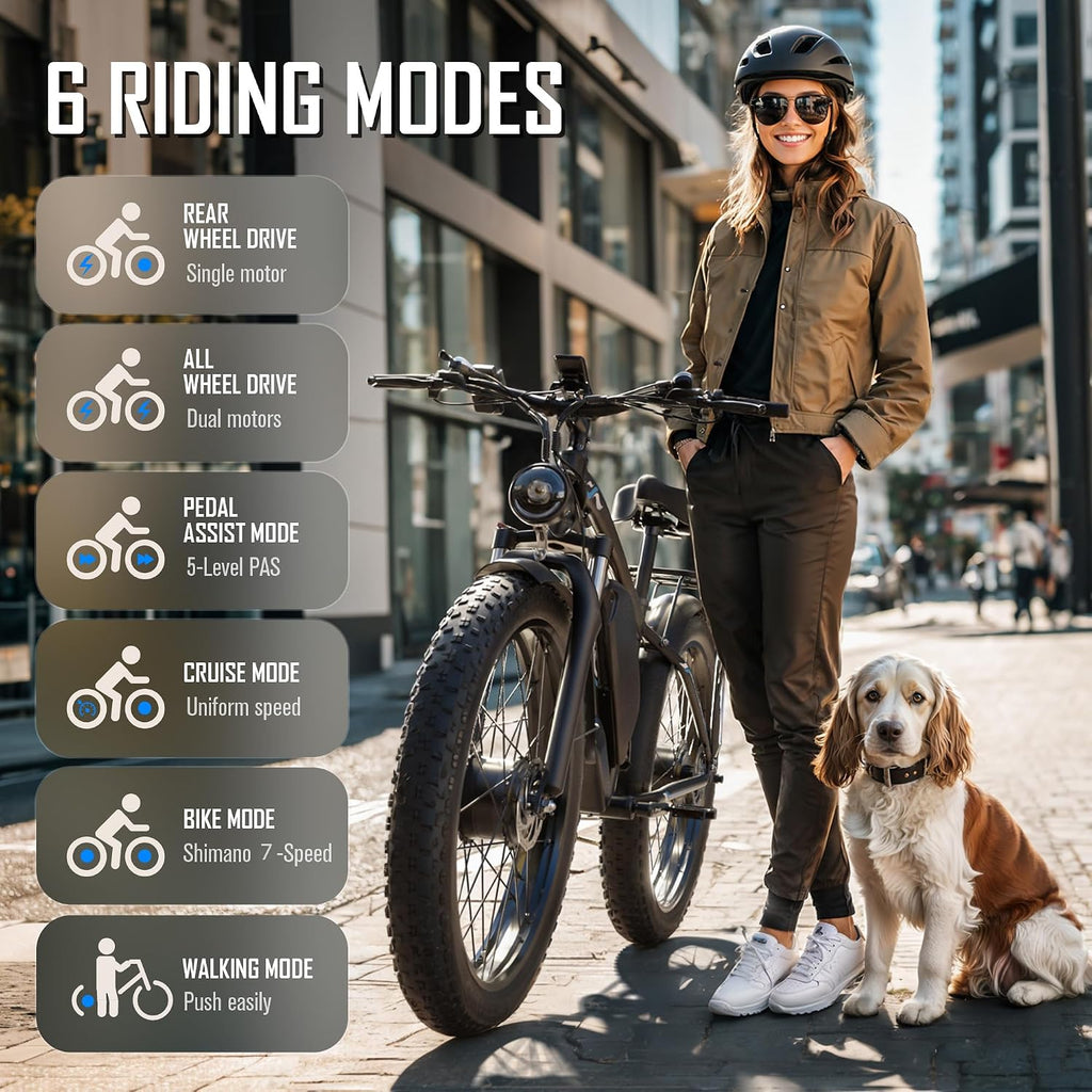 Dual Motor Electric Bike for Adults-6000W Peak, 52V 34AH Battery, 40-45MPH 100 Miles Long Range Ebike, Fat Tire 24 Inch, 7-Speed Hydraulic Brake, Electric Bicycles for Mountain Commuter
