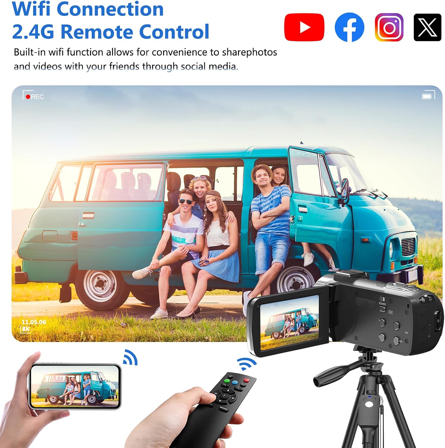 VETEK Video Camera 8k Camcorder 48MP UHD WiFi IR Night Vision Vlogging Camera for YouTube, 18X Digital Zoom 3.0' LCD Screen Digital Camera with Microphone, 32G SD Card, Remote Control and 2 Batteries