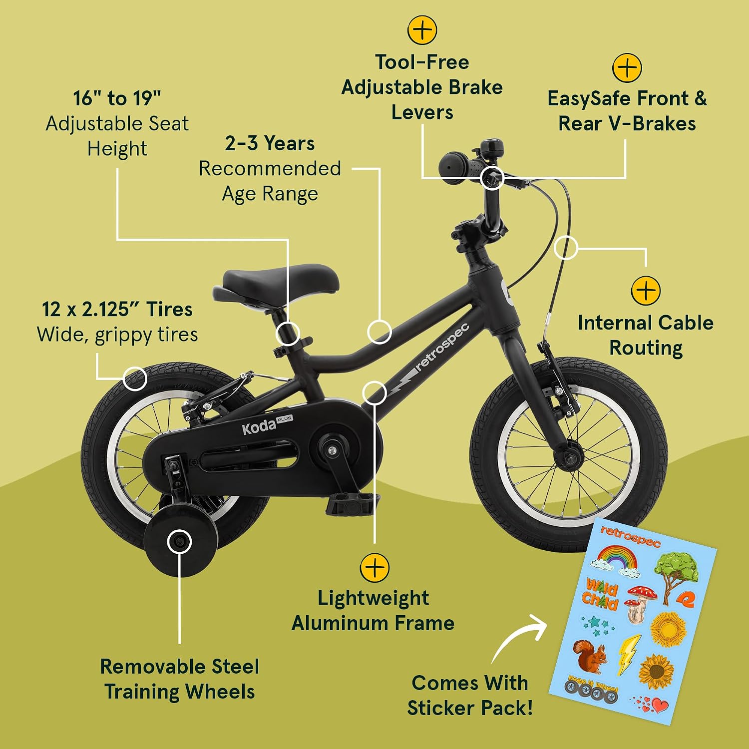 Retrospec Koda Plus Kids Bike for Boys & Girls Ages 2-3 Years - Children's Bicycle, Adjustable Seat & Handlebars, Removable Training Wheels, Front Hand Brakes, Rear Coaster Brake & Safety Bell