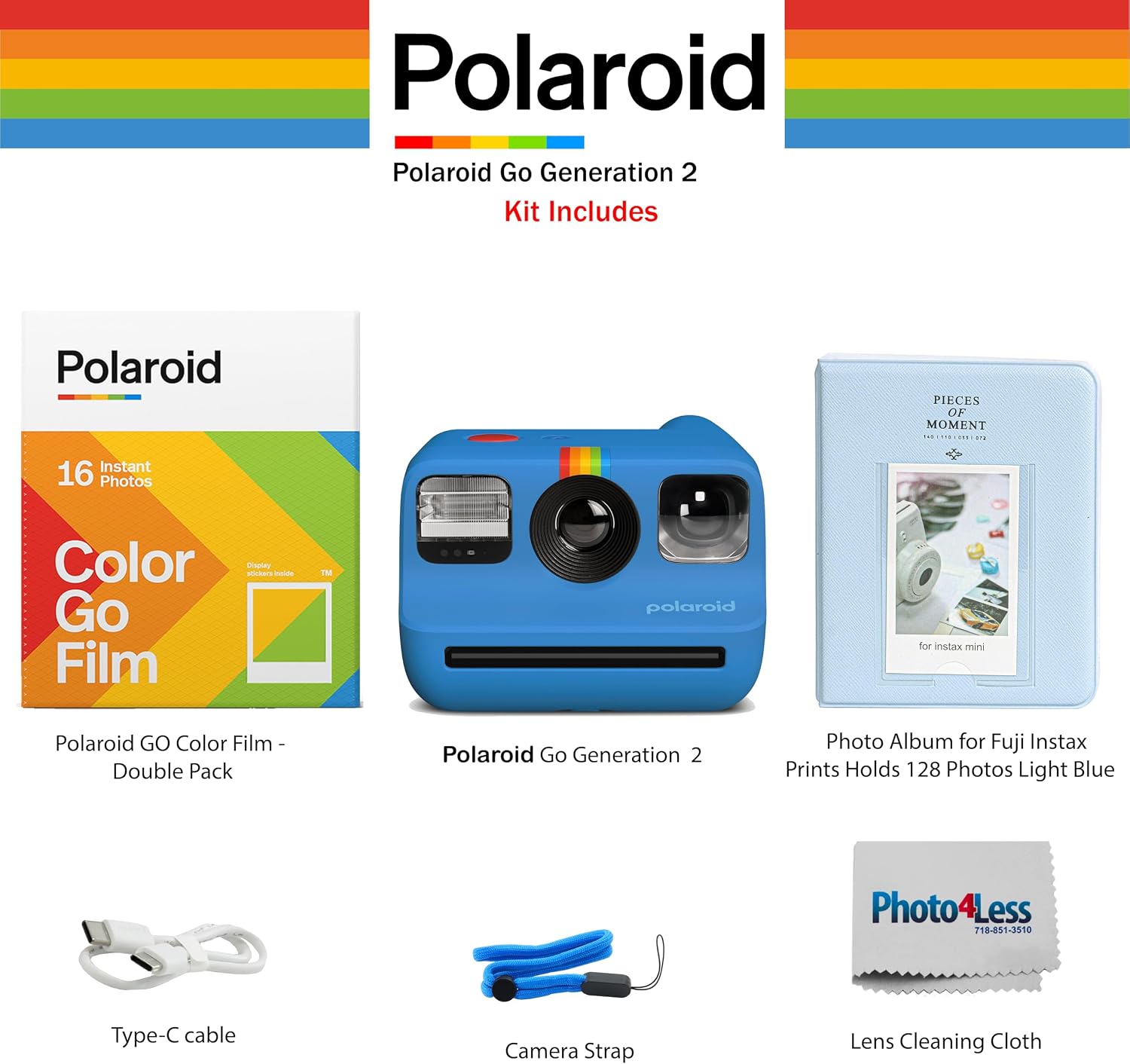Polaroid Go Generation 2 Instant Film mini Camera (Blue) Bundled with Polaroid GO Color Film Double Pack, Photo Album (Holds 64 Photos), Lens Cleaning Cloth