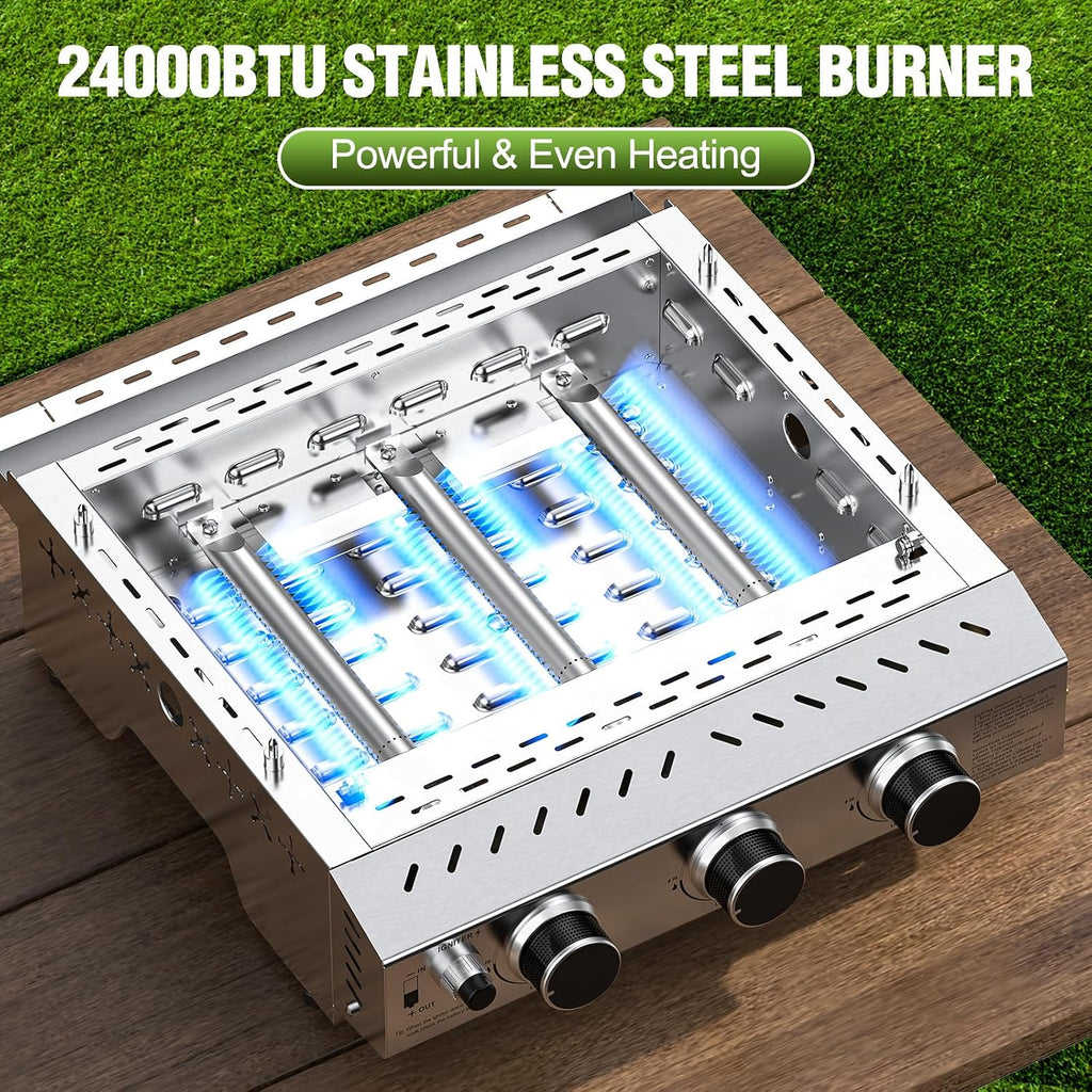 COWSAR Stainless Steel Portable Grill with 3 Burners, 24 Inch Tabletop Gas Grill with Cooking Grate for Camping, Outdoor Cooking, Patio&Garden