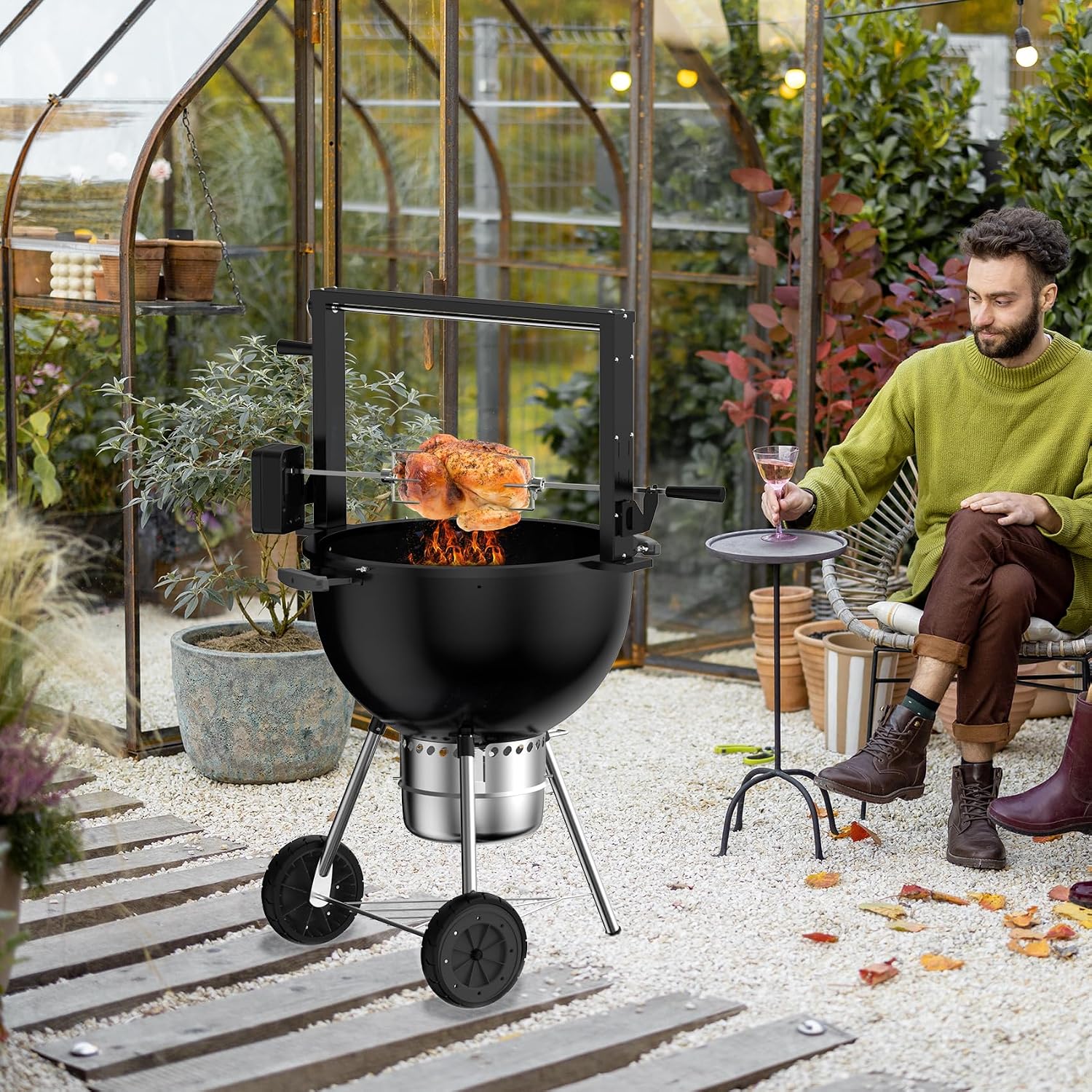Skyflame Charkettle BBQ Grill Rotisserie System Kit with Adjustable Cooking Grate, Compatible with Weber 22-inch Kettle Grills