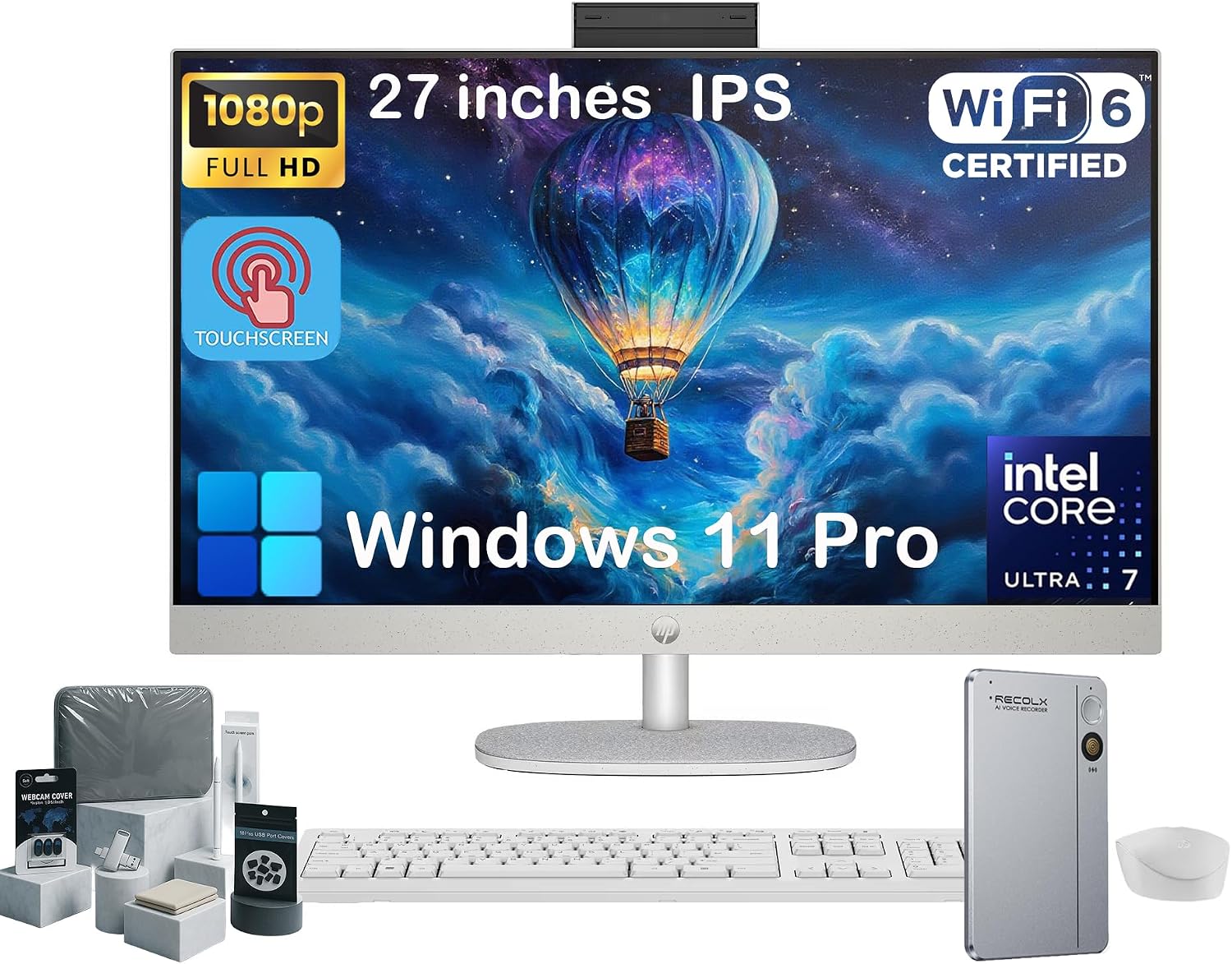 HP 27' Touch Screen All-in-One Desktop Computer PC - 32GB DDR5 RAM, 1TB SSD, Intel 12-Core Ultra 7 155U, Adjustable Angle, FHD IPS Touchscreen, Wireless KB&Mouse, Win11 Pro, RECOLX AI Voice Recorder