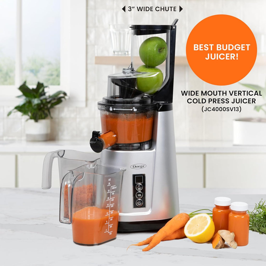 Omega Wide Mouth Juicer Compact Vertical Cold Press Vegetable and Fruit Juice Extractor with 3-Inch Hopper 2-Speed Slow Juicing with Space Saving Design, 120-Watts, Black