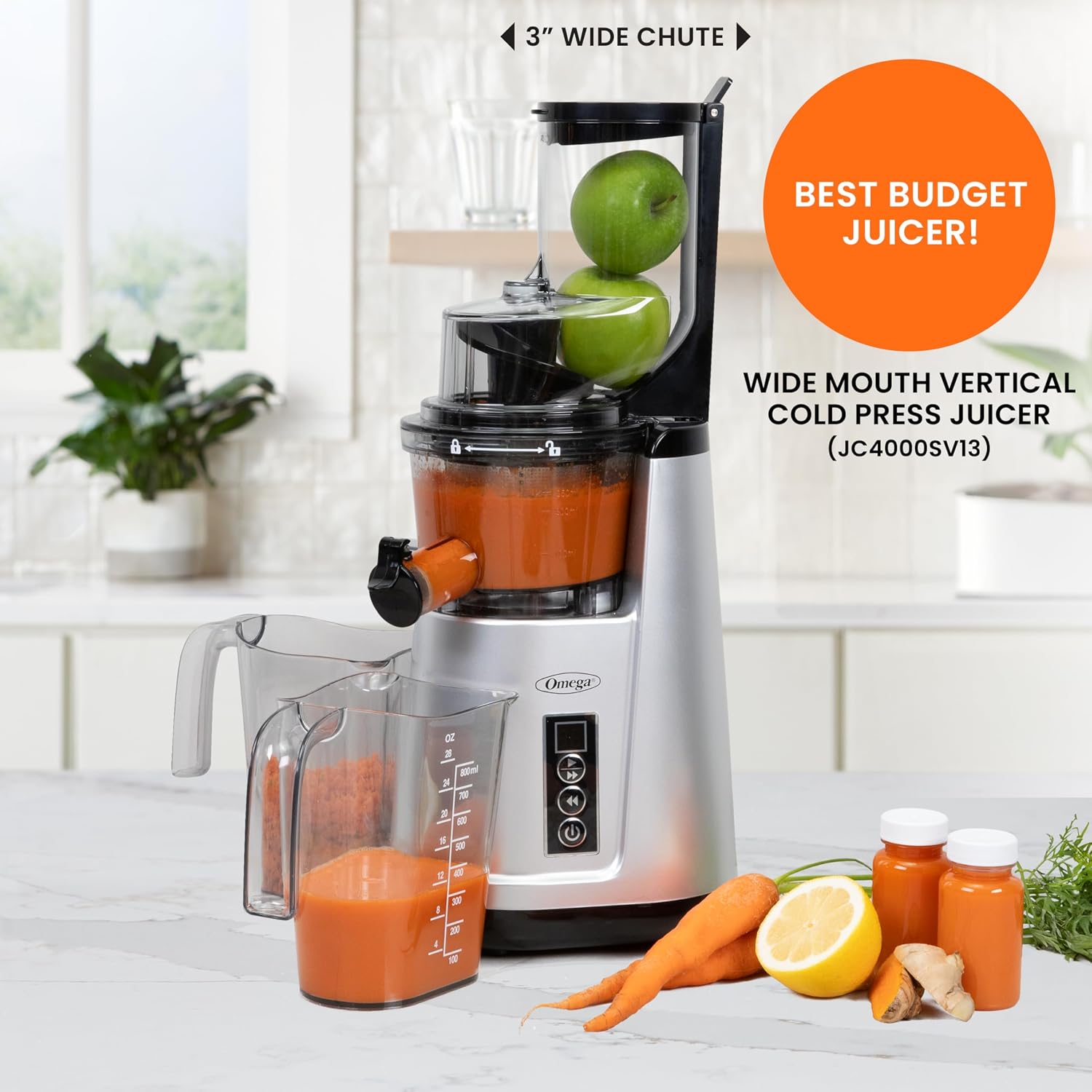 Omega Wide Mouth Juicer Compact Vertical Cold Press Vegetable and Fruit Juice Extractor with 3-Inch Hopper 2-Speed Slow Juicing with Space Saving Design, 120-Watts, Black