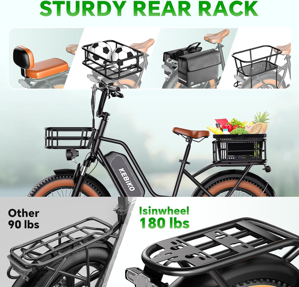 bluebiko 2 Seater Electric Bike, 48V 20AH(𝟗𝟔𝟎𝐖𝐇) Large Removable Battery, 𝟏𝟑𝟎𝟎𝐖 Peak Motor, 20'x 4.0' Fat Tire Ebike for Adults, 80+Miles, City Couple E Bike for All Terrain