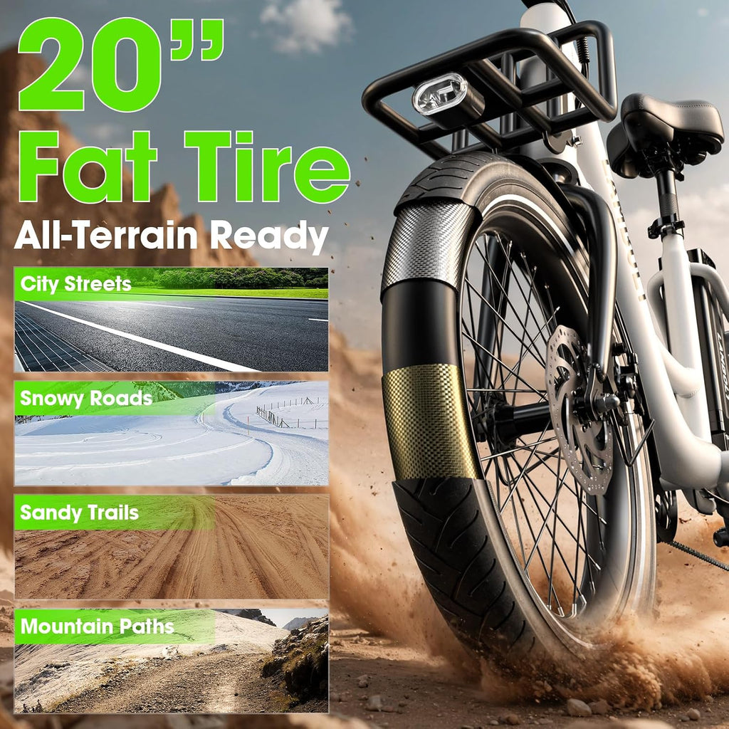 Electric Bike for Adults - 1000W Peak Motor Ebike with 48V15Ah Removable Battery, 20' x 3.0 Fat Tire Step-Thru 7-Speed Commuter Electric Bicycle, Up to 24 MPH, 70 Miles Range, UL 2849 Certified.