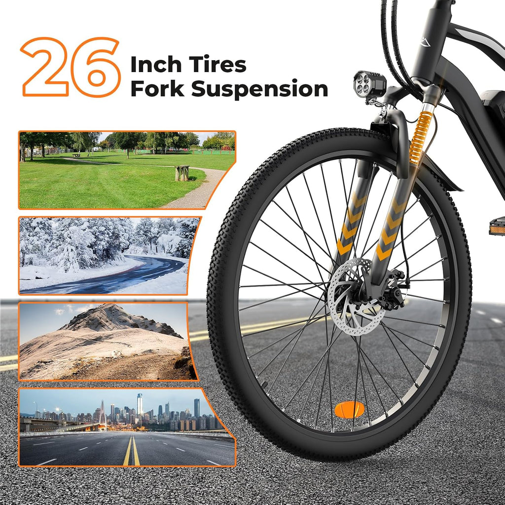 Electric Bike, 1000W Peak Powerful Motor, 65+ Miles Range & 20MPH Top Speed, 26'' Tires E-Bike, Adjustable Seat, Shock Absorber, Commuting Electric Bike for Adults