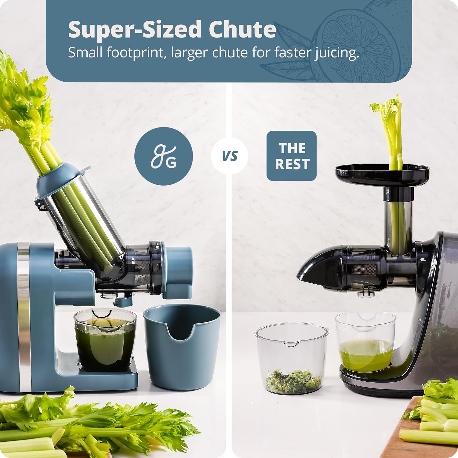 Greater Goods Cold Press Juicer, Powerful Slow Masticating Juice Extractor with Quiet Motor for Fruits and Vegetables, High Juice Yield, Easy to Clean, Stone Blue