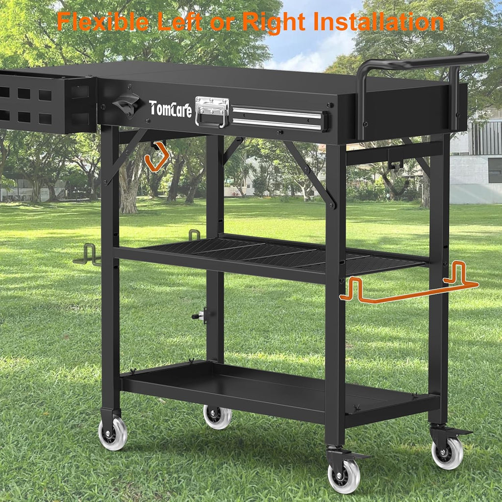 TomCare Grill Table with 3-Tier Storage Shelves Lockable Wheels Grill Cart with Silicone Grill Mat Heavy Duty Outdoor Tabletop Griddle Stand Holds 500Lbs Fits 22' Blackstone Ninja Cuisinart BBQ Grill