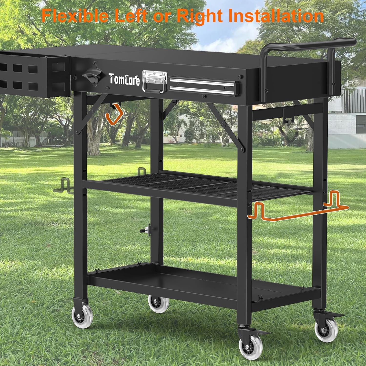 TomCare Grill Table with 3-Tier Storage Shelves Lockable Wheels Grill Cart with Silicone Grill Mat Heavy Duty Outdoor Tabletop Griddle Stand Holds 500Lbs Fits 22' Blackstone Ninja Cuisinart BBQ Grill