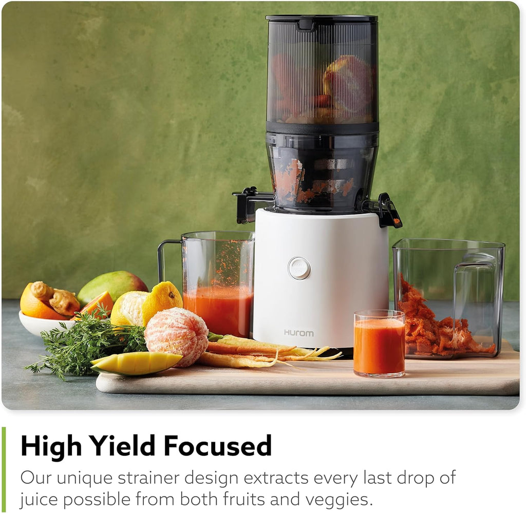Hurom H320N Cold Press Juicer Machine, Easy to Clean Masticating Slow Juicer, Coarse Strainers, Self-Feeding, Hands Free, Family Size, Quiet Motor, Easy Assembly (White)