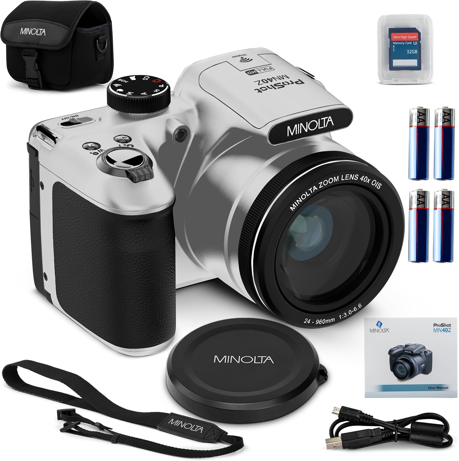 Minolta MN40Z 20MP Digital Camera – 40x Optical Zoom, 1080p FHD Video, 3.0' LCD, Wi-Fi, Face/Smile/Blink Detection – Silver