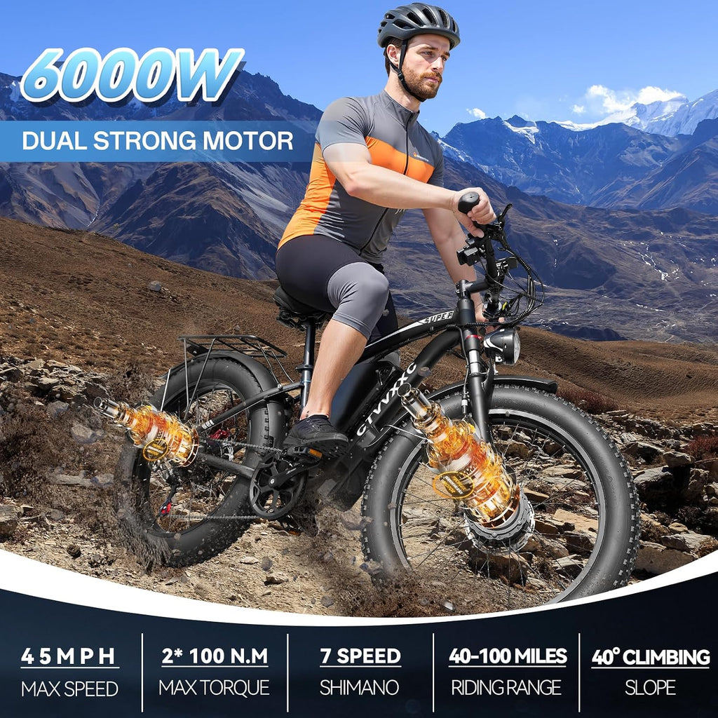 6000W Peak Dual Motor Ebike for Adults - 52V 34Ah Fast Electric Bike for Men Women 45 MPH,Up to 100 Miles,24' Fat Tire Lockable Suspension Electric Bicycle for Snow Off-Road Commuter Mountain E-Bike