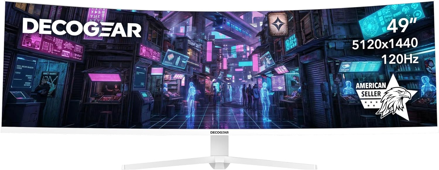 Deco Gear 49' Curved Ultrawide 5K Gaming Monitor, 32:9, 120 Hz, 101% NTSC 100% sRGB, USB-C 65W, Adjustable, Home Office and Entertainment Workstation - Exclusive White Edition