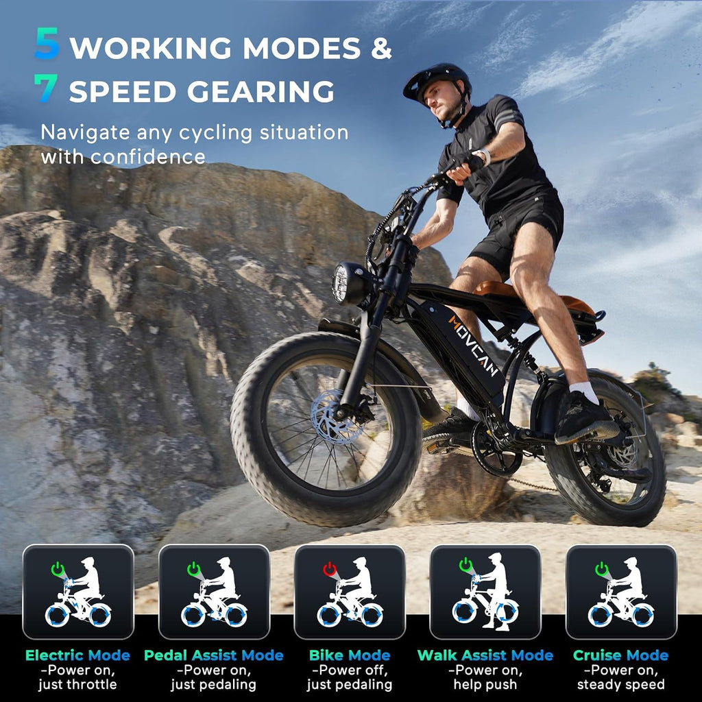 Movcan V60/V60 Pro Electric Bike, 48V 15.6/18.2Ah Removable Battery 20' Fat Tire Electric Bike, 1000/1500W Motor 30/33MPH Top Speed Electric Motorcycle, for Commute/Offroad/School/Rain/Snow Riding.