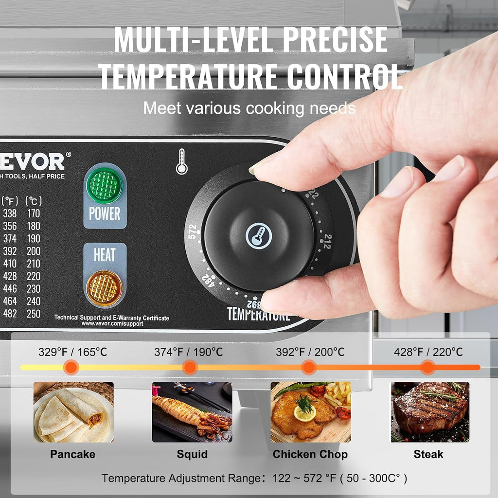 VEVOR Upgraded Commercial Electric Griddle, 2800W Stainless Steel Countertop Flat Top Grill, 26'' Griddle Grill with 2 Shovels and 2 Brushes, 122℉-572 ℉ Adjustable Temp, for Home Restaurant(No Plug)