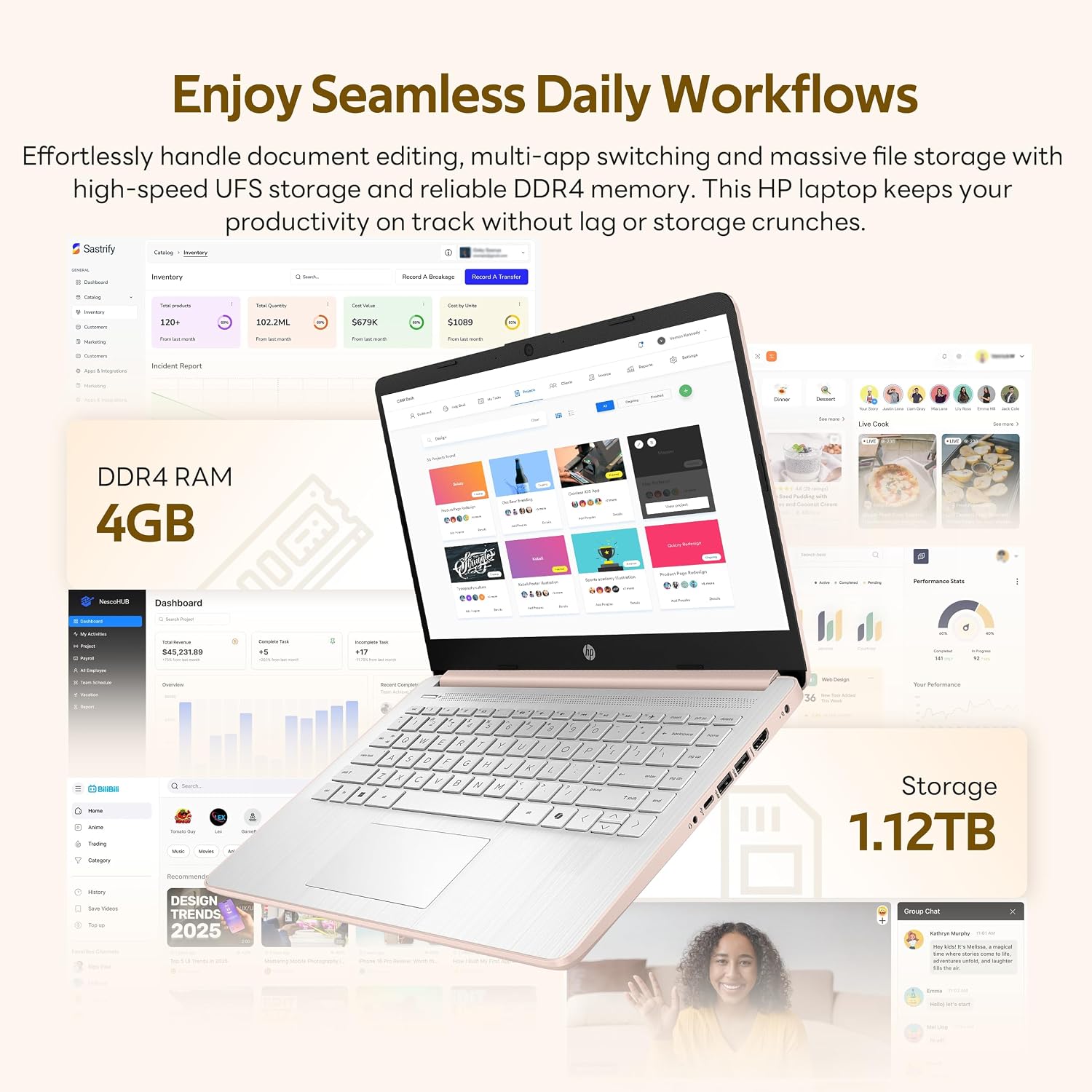 HP Flagship 14' HD Student&Business Laptop with AI Copilot, 13th Gen Intel 4-Core, 4GB RAM, 1.12TB Storage (128GB UFS + 1TB Docking Station), 1 Year Office 365, Wi-Fi 6, Win 11 S, Pale Rose Gold