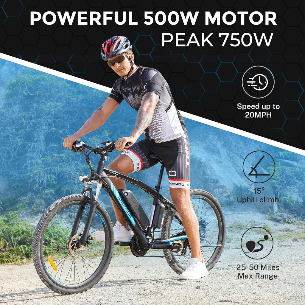 ANCHEER 26/27.5 '' Electric Bike for Adults, Peak 500W/750W Ebike, 3 Hours Fast Charge, 60 Miles Electric Bicycle with 374/499Wh Battery, Electric Mountain Bike with 7/21 Speed