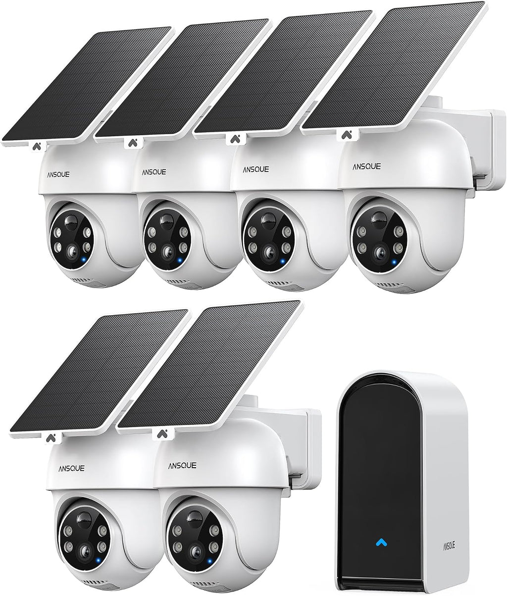 ANSQUE Security Cameras Wireless Outdoor Home System, 6 Camera Kit, No Subscription Fees, Solar Powered, Local Storage, 365-Day Battery Life, 360°PTZ Surveillance, Auto Tracking, 2K Color Night Vision