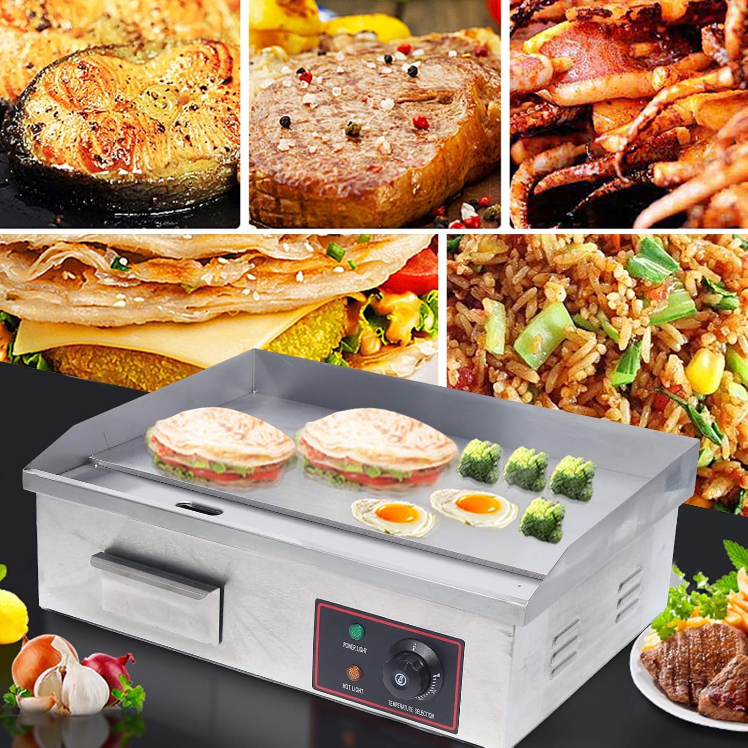 22'Commercial Electric Griddle Electric Countertop Griddle 1600W Restaurant Grill BBQ Flat Top Stainless Steel Long Griddle Electric Nonstick Adjustable Thermostatic Control for Kitchen 110V