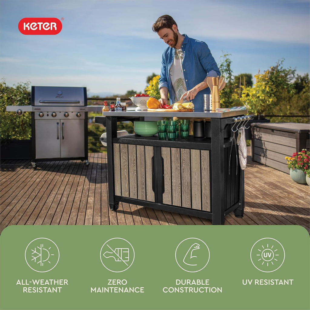 Keter Unity XL Outdoor Entertainment Cart with Wood‑Look Finish, 78‑Gallon Patio Storage Cabinet, Food Prep Station, Stainless‑Steel Top for BBQ, Grill, Patio, Deck & Backyard, Ashwood