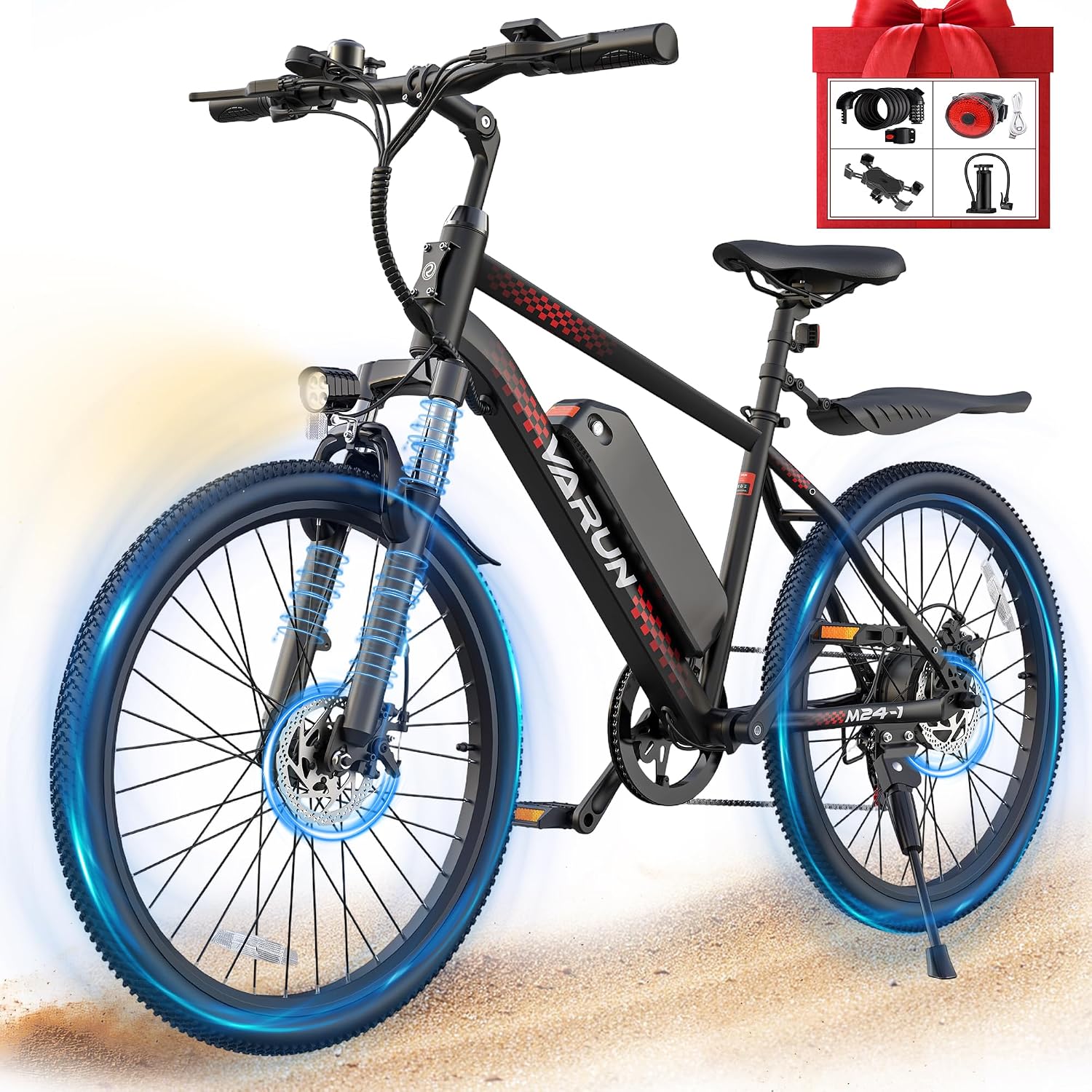 VARUN Electric Bike - 500W Peak Motor, 24/26' All-Terrain E-Bike, Up to 40 Miles & 20 MPH, Removable Battery, 7-Speed, Front Suspension, Dual Disc Brakes, with Free Accessory Pack