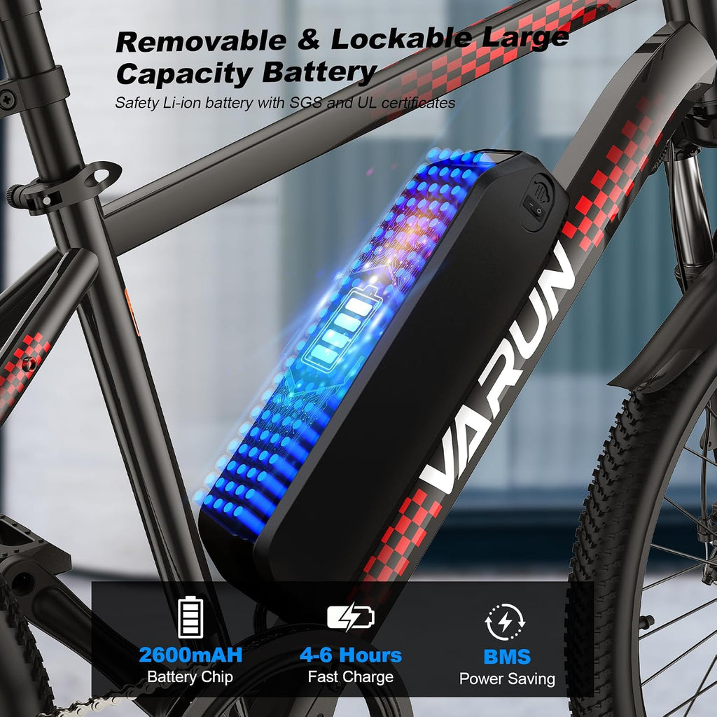 VARUN Electric Bike - 500W Peak Motor, 24/26' All-Terrain E-Bike, Up to 40 Miles & 20 MPH, Removable Battery, 7-Speed, Front Suspension, Dual Disc Brakes, with Free Accessory Pack