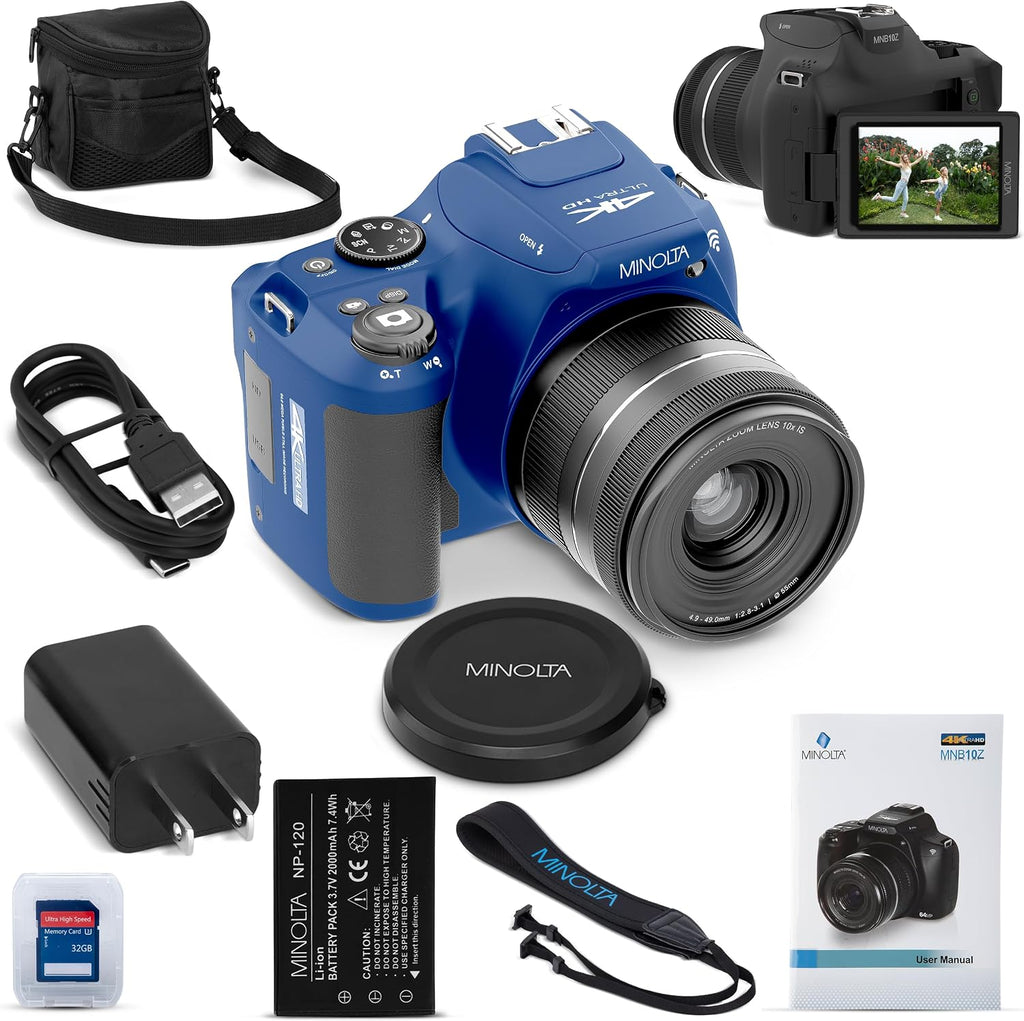 Minolta ProShot 64MP Digital Camera – 10x Optical Zoom, 4K Ultra HD Video, Macro Shooting, Anti-Shake, 3-inch LCD Screen, Face Detection – Includes 32GB SD Card, Battery & Case (Blue)