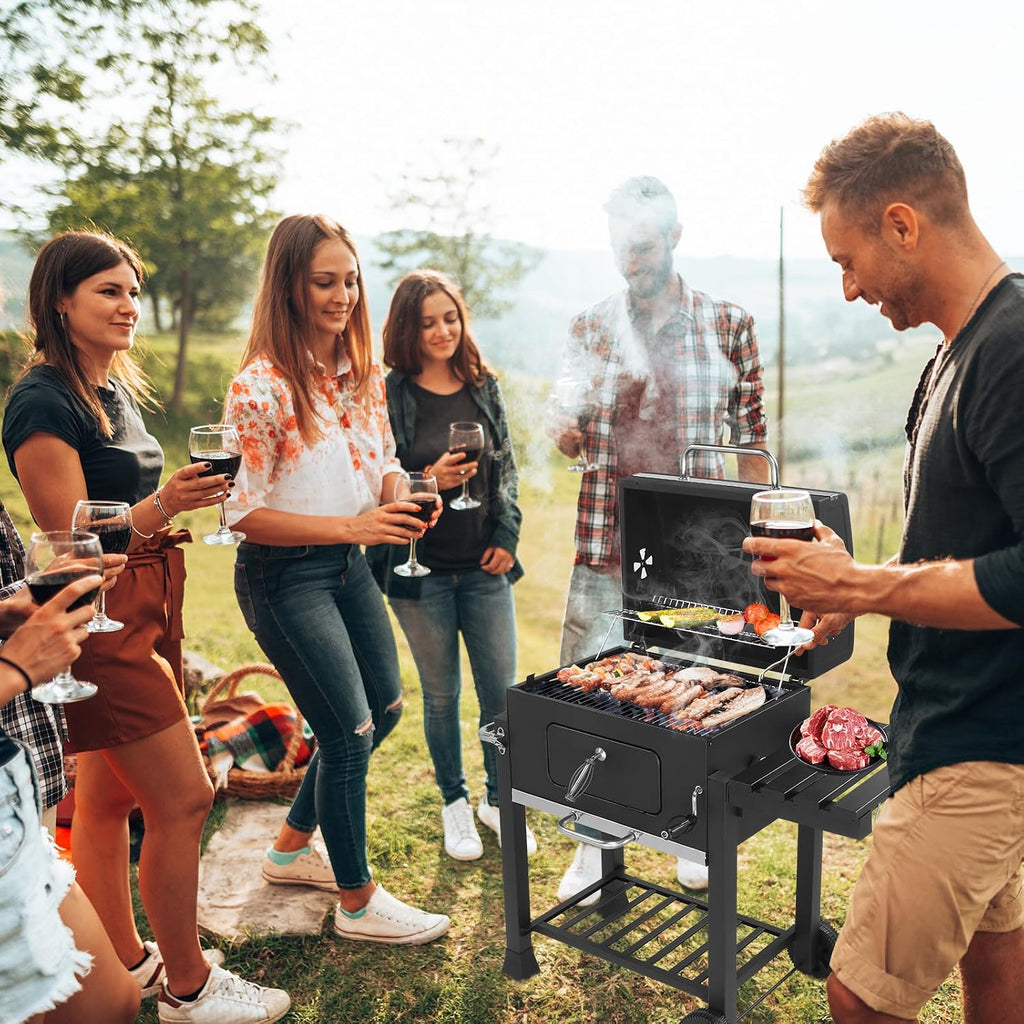 45.6' Portable Charcoal Grill,Metal Outdoor Barbecue Smoker,Heavy Duty Outdoor BBQ Grill,Vertical Camping Barbecue Grill,with Foldable Side Table & Wheels,for Garden Patio Beach Backyard (Black)