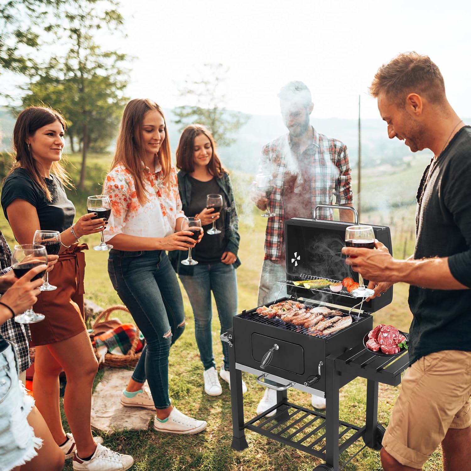 45.6' Portable Charcoal Grill,Metal Outdoor Barbecue Smoker,Heavy Duty Outdoor BBQ Grill,Vertical Camping Barbecue Grill,with Foldable Side Table & Wheels,for Garden Patio Beach Backyard (Black)