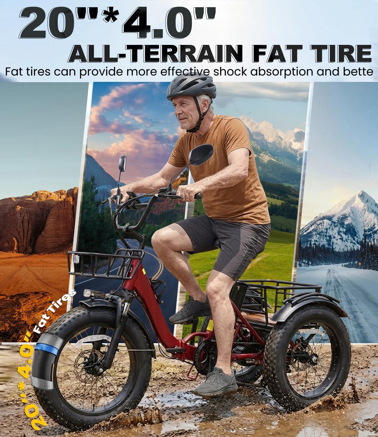 KAKIGO Electric Tricycle for Adults,Peak 1350W Motor Etrike,48V15.6Ah Ebike,20'x4'Fat Tire Aluminum Folding Electric Trike,3-Wheel Electric Bike,20MPH,Front&Rear Basket&Differential