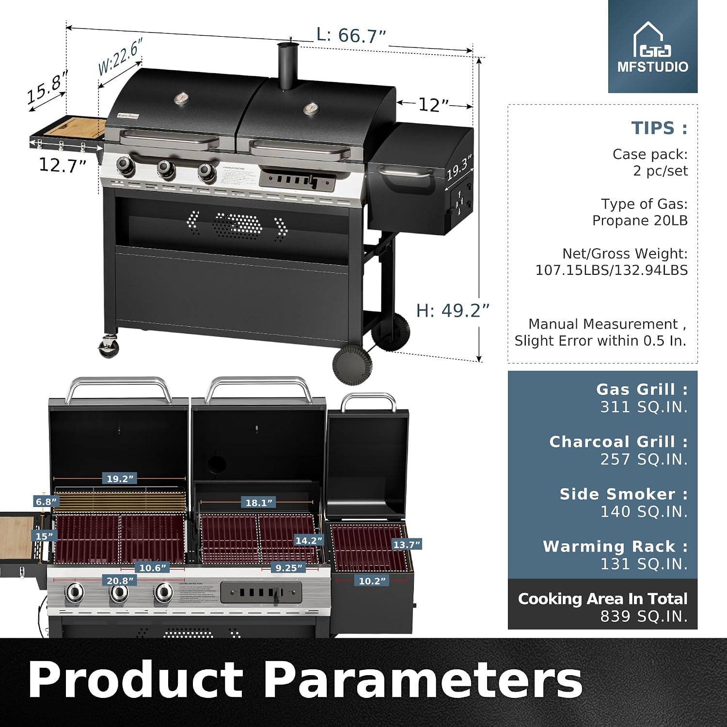 MFSTUDIO Gas and Charcoal Grill Combo with Side Smoker, Heavy Duty Dual Fuel BBQ Grill with Porcelain-Enamel Grates, Perfect for Outdoor Grilling, 840 SQIN Cooking Area