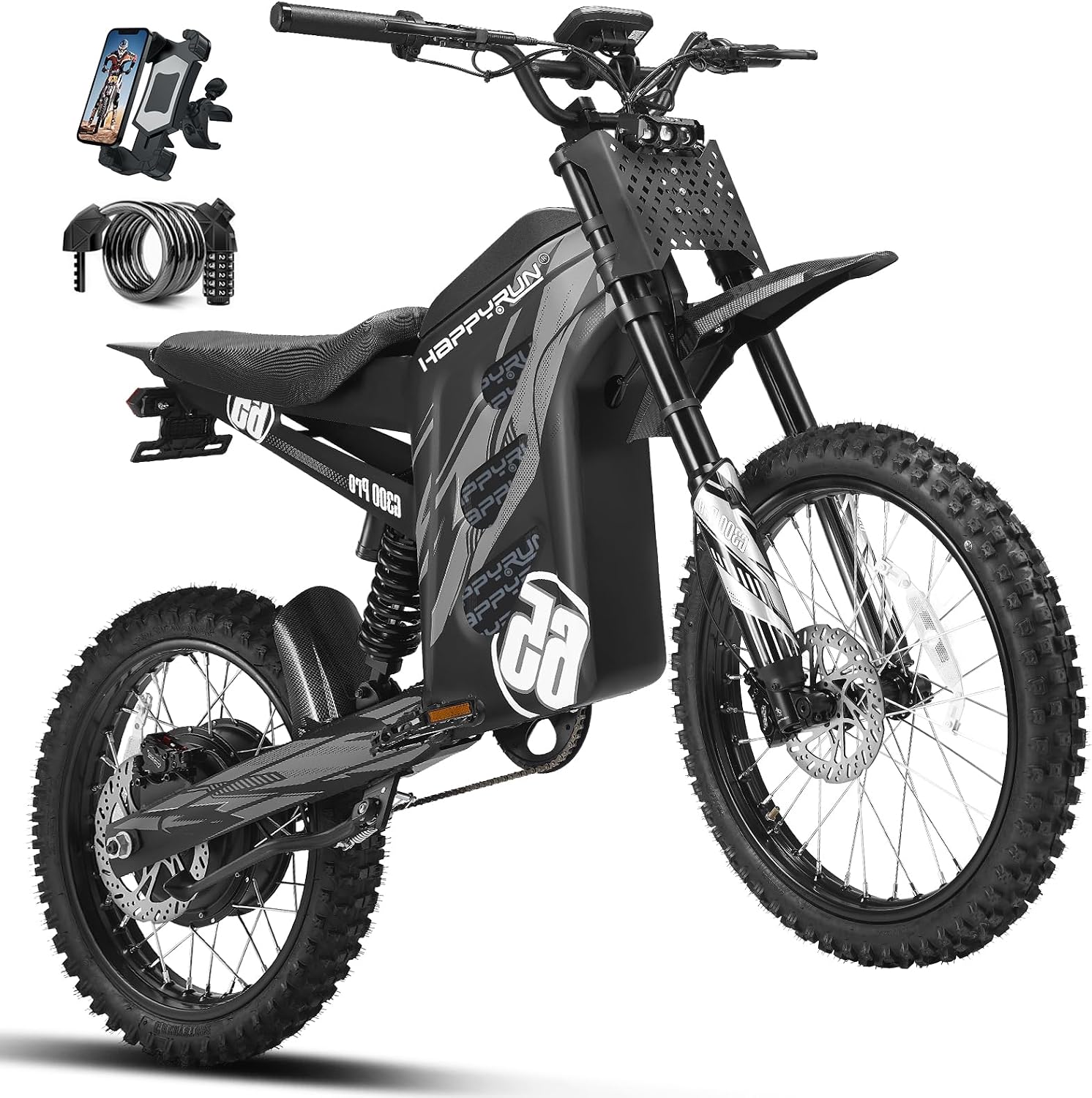HAPPYRUN G300 Pro Electric Dirt Bike for Adults, 72V 30Ah Battery, 6500W Motor, 50 MPH Speed, 70 Mile Range, 350 Lbs Load Capacity, Hydraulic Brakes